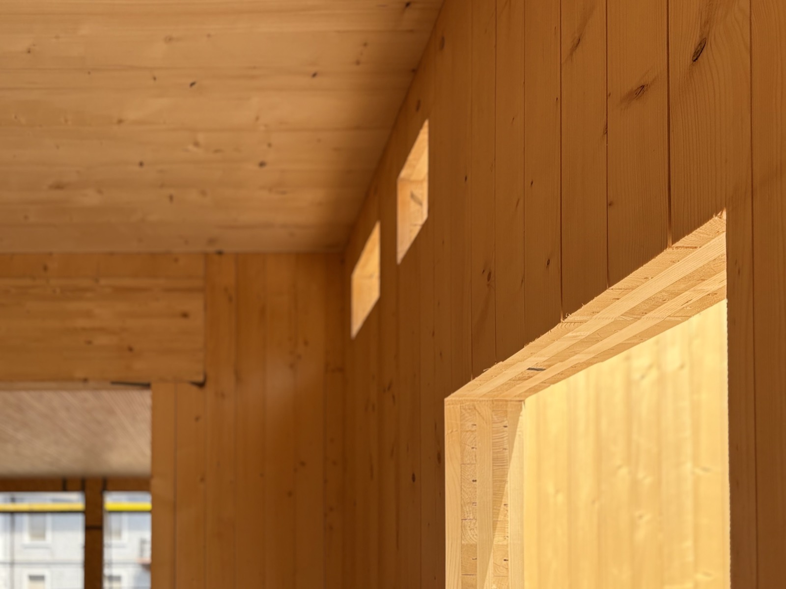 Interior of a cross-laminated timber building under construction, with the layered plies of the panel visible in a cut window reveal