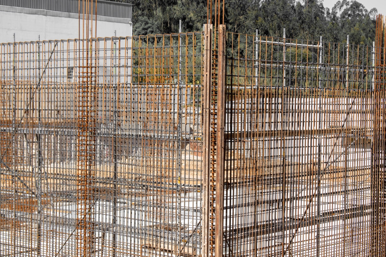Rebar and concrete formwork at a construction site