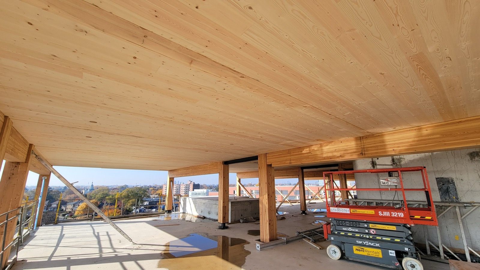 Exposed cross-laminated timber panels in a building under construction