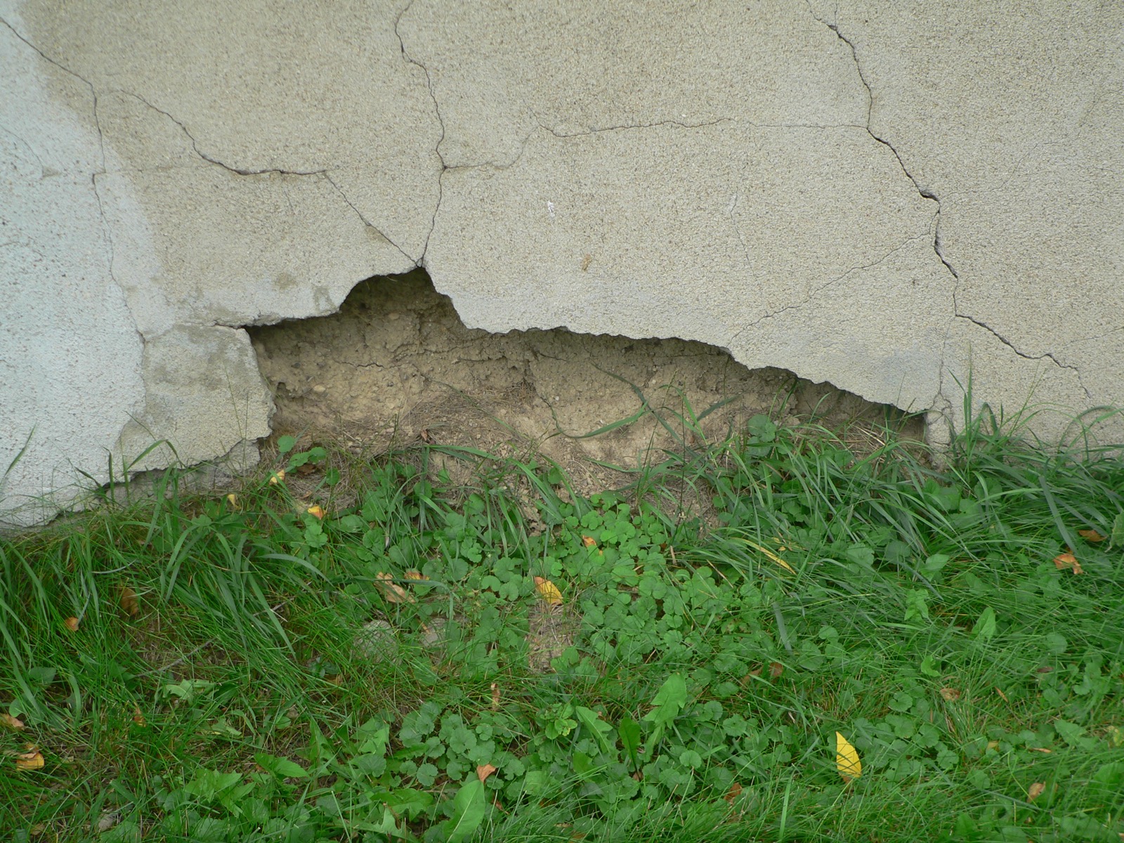 Close-up of a rammed earth wall where hard cement render has cracked and spalled away, exposing the raw compacted earth beneath