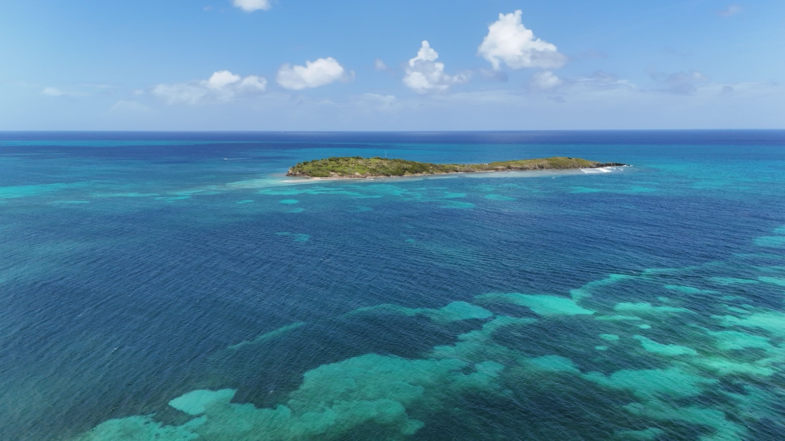Aerial view of a green Caribbean island ringed by turquoise reef and deep blue sea