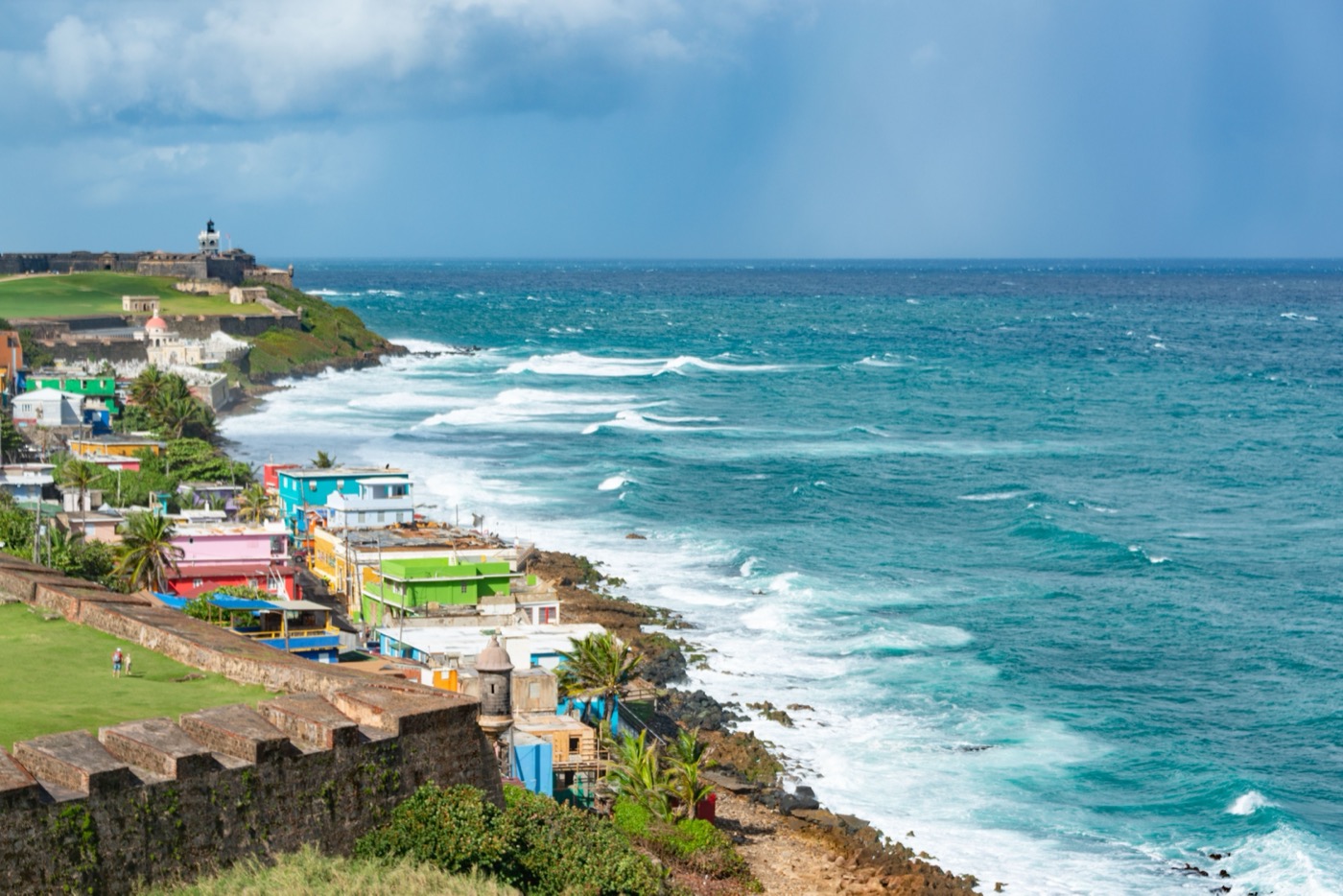 Colorful houses on the coast of San Juan beneath the old Spanish fort, Puerto Rico