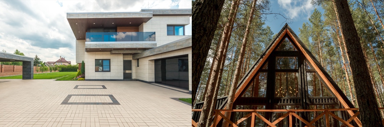 A modern concrete house beside a wooden A-frame home