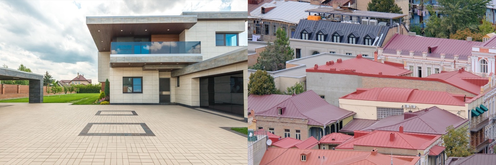 A flat concrete roof house beside pitched metal roofs