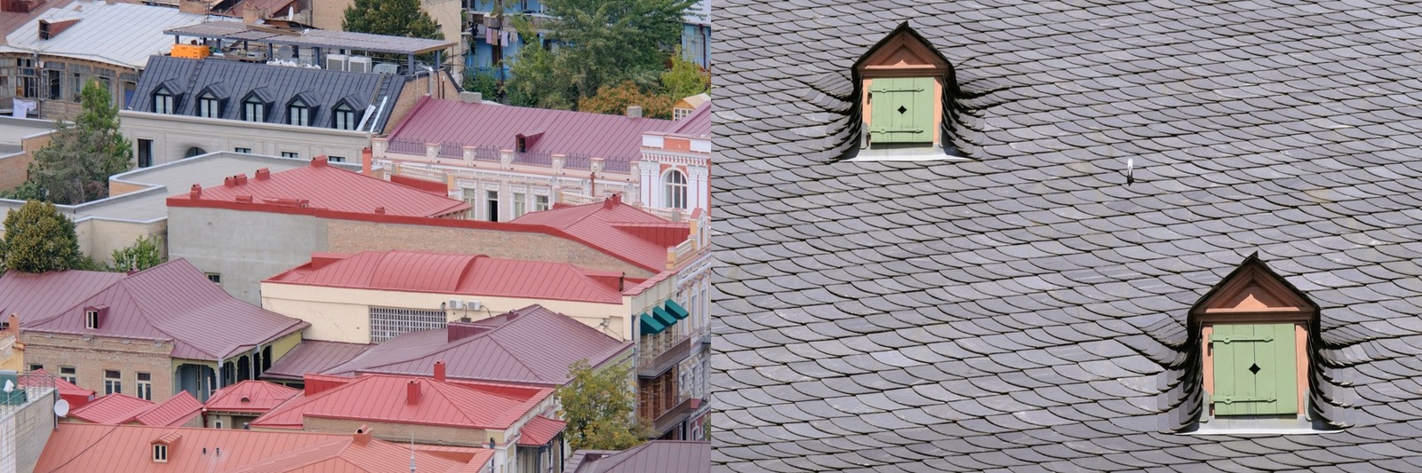 A metal roof beside an asphalt shingle roof
