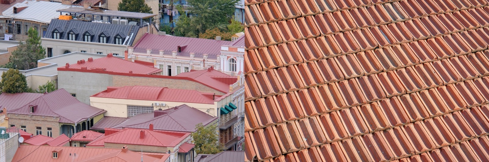 A metal roof beside a clay tile roof