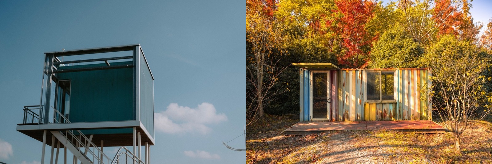A modular prefab home beside a shipping container home
