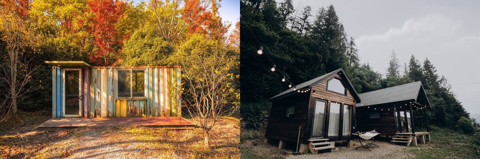 A shipping container home beside a wooden tiny house