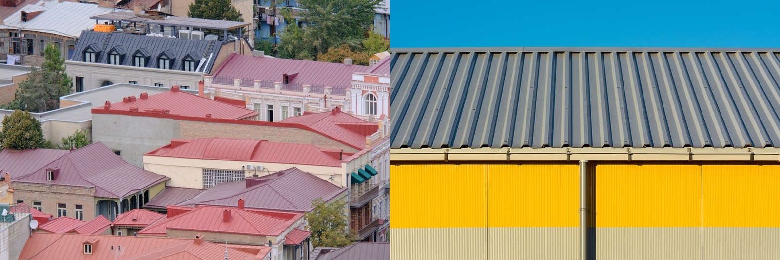 A standing seam metal roof beside a corrugated metal roof