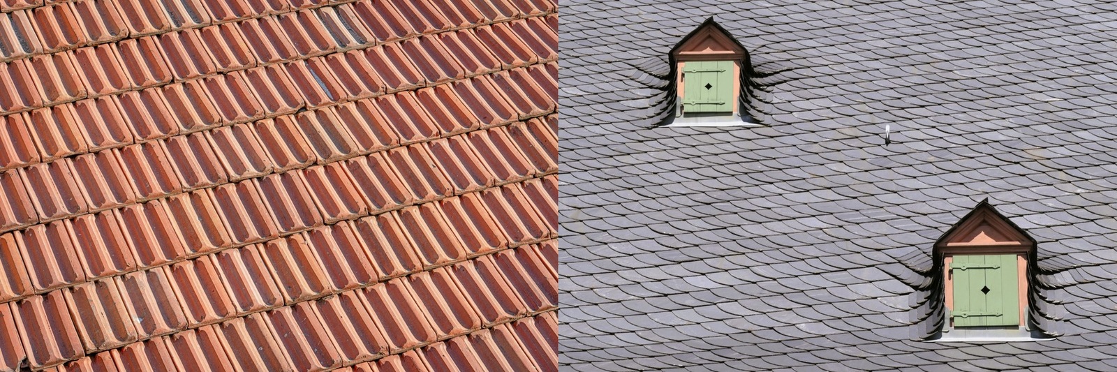 A clay tile roof beside an asphalt shingle roof